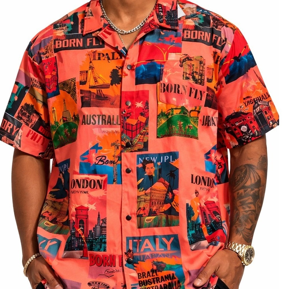 Born Fly 3XL Shirt NWT Salmon Pink Postcard Graphic Streetwear Button Up Resort